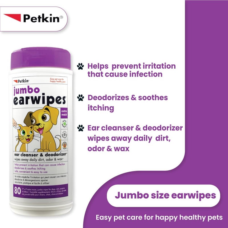 Petkin Jumbo Pet Ear Wipes, 80 Extra Moist Wipes - Soothing & Deodorizing Pet Ear Cleaner to Remove Dirt, Odor, & Wax - Safe, Convenient, & Easy to Use Pet Wipes for Dogs, Cats, Puppies & Kittens - Image 4